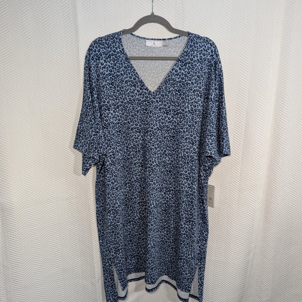 N Natori Blue Leopard Print Cotton Jersey Caftan Sleepwear Lounge Size Large NWT